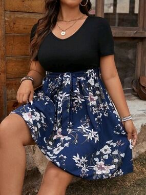 Floral Navy A-Line Dress with Black Top